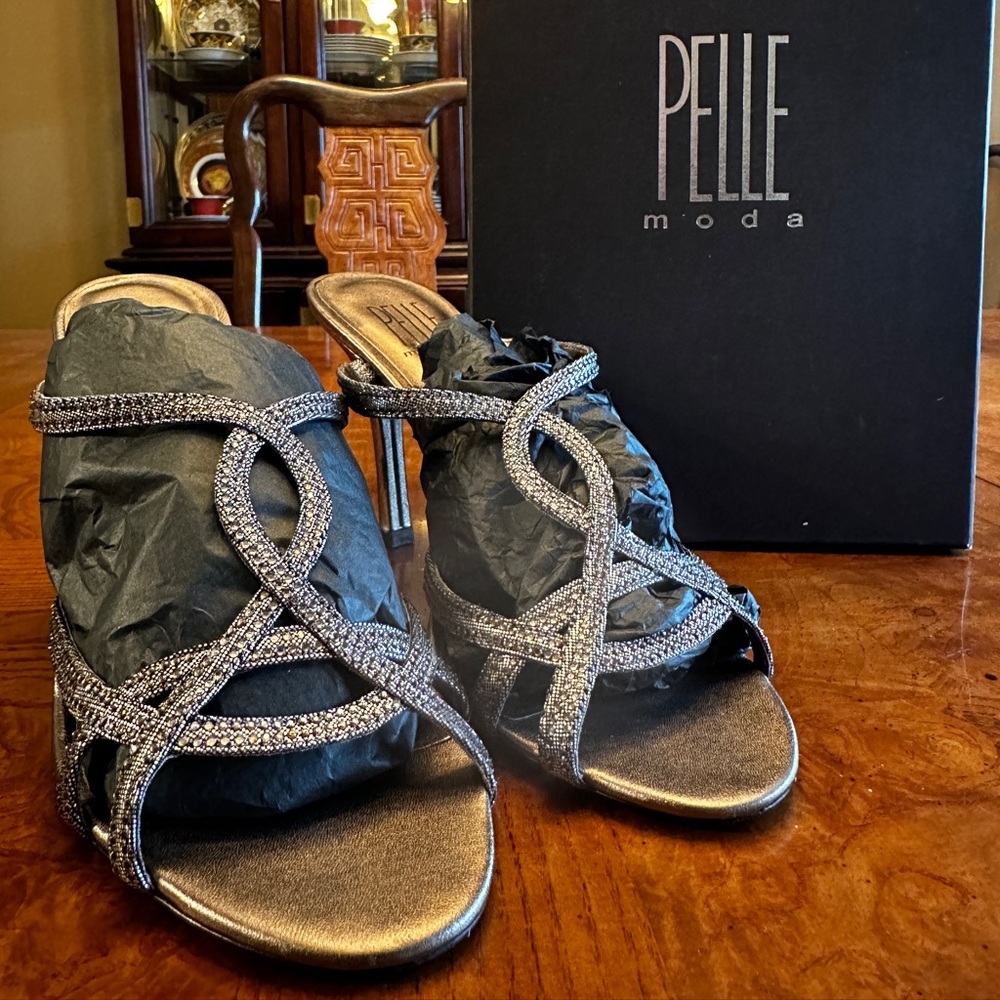 Pelle Moda Calen Pewter Metallic-8M with box worn for bridal shower.